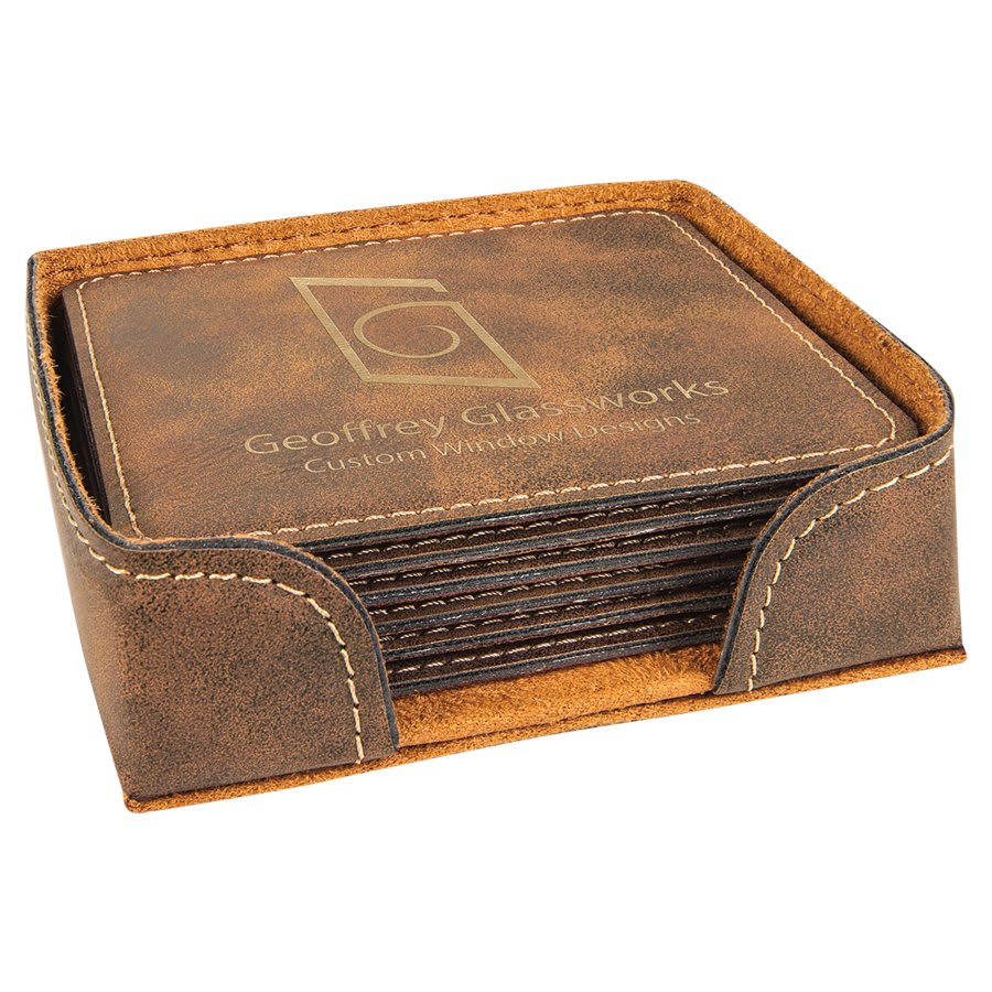 Rustic/Gold 4" x 4" Square Laserable Leatherette 6-Coaster Set