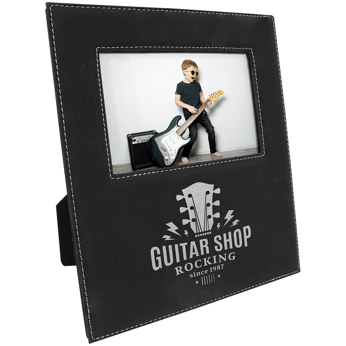 Black/Silver 4" x 6" Leatherette Photo Frame with 4 1/4" x 7 7/8" Engraving Area