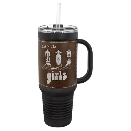 Polar Camel 40 oz. Black with Rustic/Silver Laserable Leatherette Travel Mug with Handle & Straw