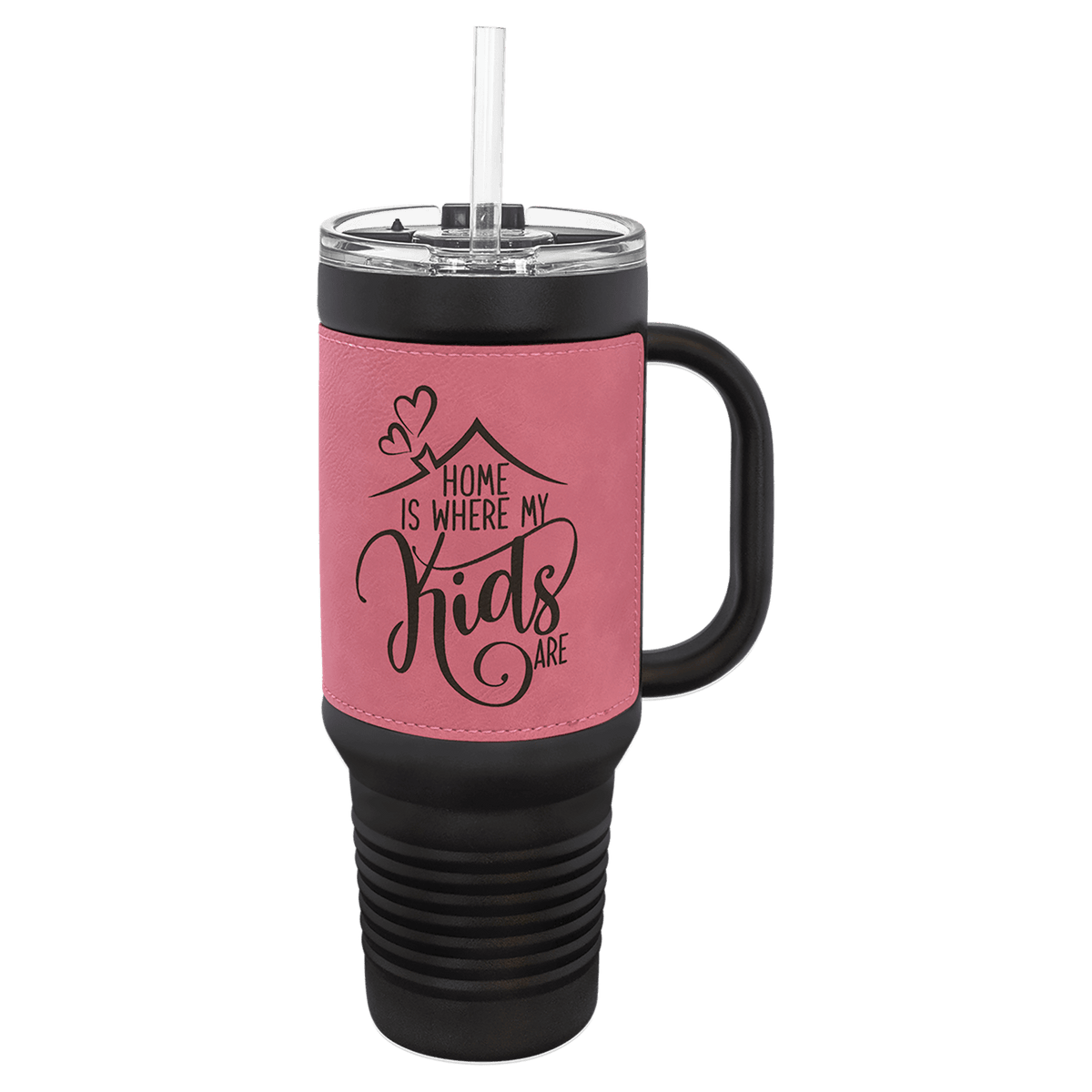 Black with Pink Polar Camel 40 oz. Laserable Leatherette Travel Mug with a Handle & Straw