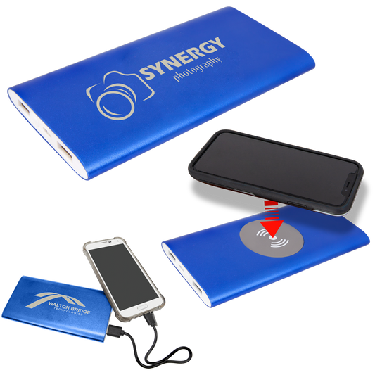 Blue 8000MAH Power Bank & Wireless Anodized Aluminum Charger with USB  Pow er Cord