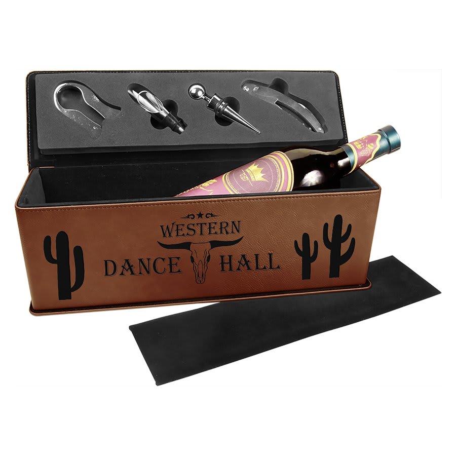 Dark Brown Laserable Leatherette Single Wine Box with Tools