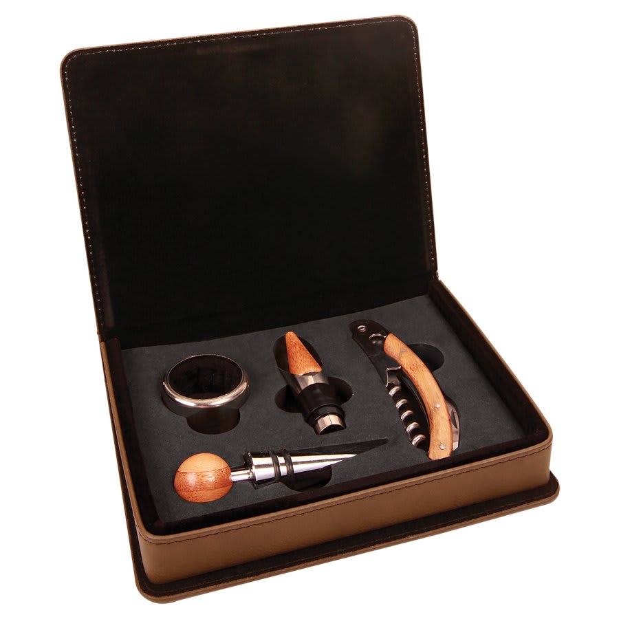 Dark Brown Laserable Leatherette 4-Piece Wine Tool Set